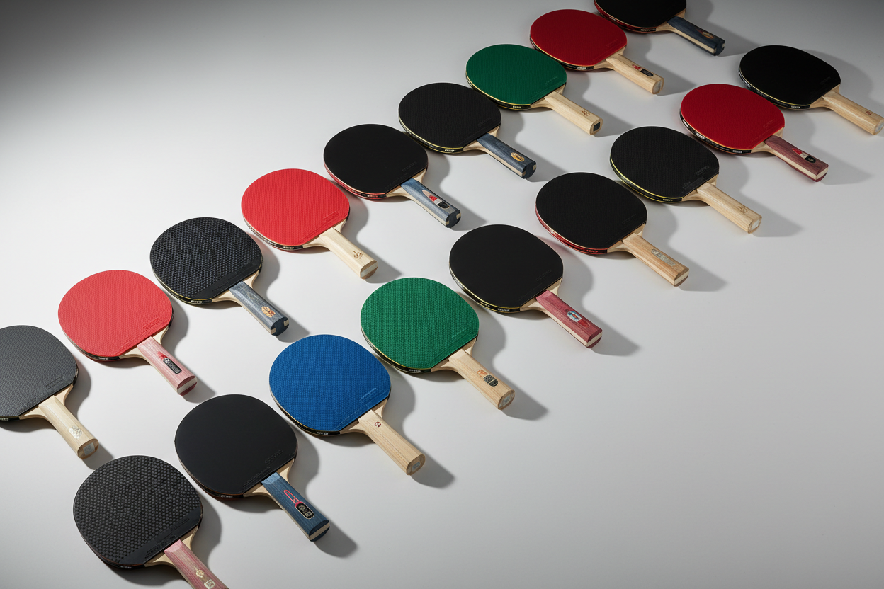 Vue légèrement en plongée de plusieurs raquettes de tennis de table premium, disposées en diagonale sur un fond clair minimaliste et classe. Sensation de collection complète, style e-commerce moderne, éclairage studio professionnel, contraste doux